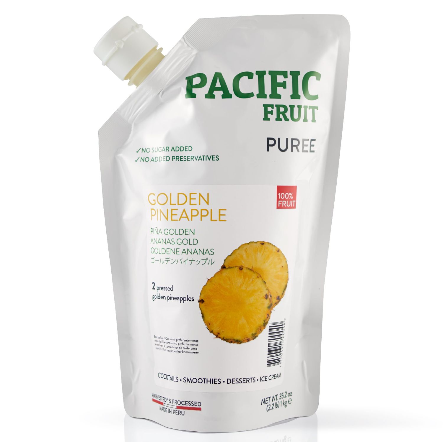 Pacific Fruit | Pineapple Puree, 100% Real Fruit, No added sugar, Non-GMO, Harvested &amp; Processed in Peru, Direct from the Orchard, for Pastry, Cocktails &amp; Beverages, 1 Kg. (2.2 Lbs.)