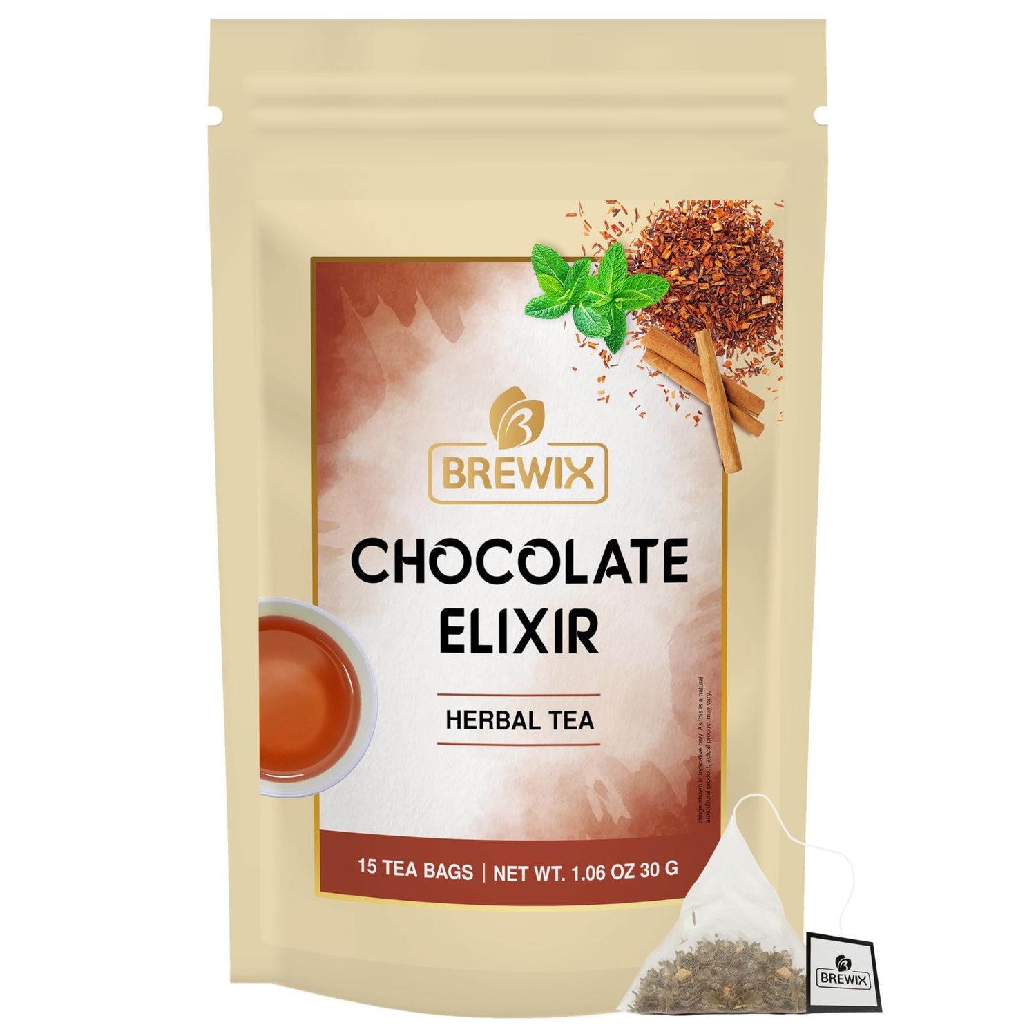 BREWIX, Chocolate Rooibos Herbal Tea Bags, (15 Pyramid Tea Bags) | Red Tea with Cocoa | Rooibos, Cinnamon, Spearmint, Peppermint Tea | Naturally Caffeine-Free