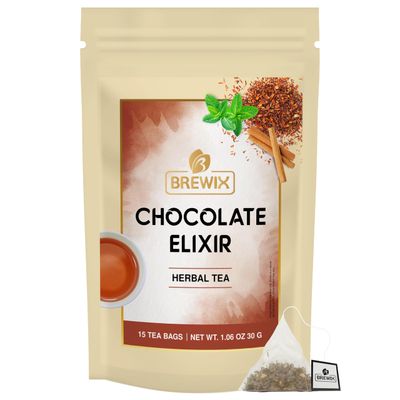 BREWIX, Chocolate Rooibos Herbal Tea Bags, (15 Pyramid Tea Bags) | Red Tea with Cocoa | Rooibos, Cinnamon, Spearmint, Peppermint Tea | Naturally Caffeine-Free