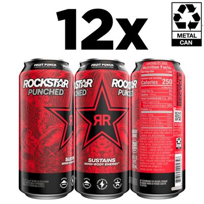 Rockstar Punched Energy Drink, Fruit Punch, 16 Fl Oz (Pack of 12) (Packaging May Vary)