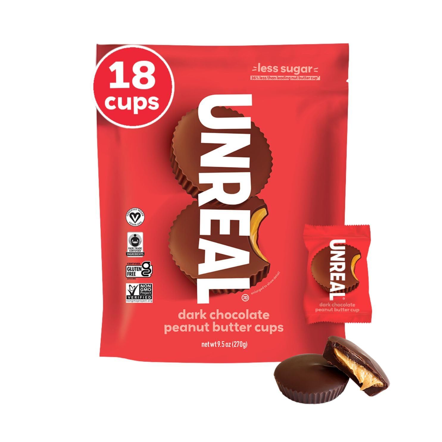UNREAL Dark Chocolate Peanut Butter Cups (Value Size Bag) | Vegan, 5g Sugar | Gluten Free, Fair Trade, Non-GMO | 9.5oz