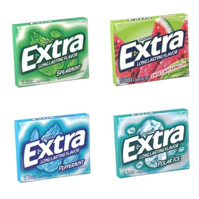 Generic Extra Sugar-Free Chewing Gum Variety 4 pack. 1pk Spearmint, 1pk Sweet Watermelon, 1pk Peppermint, 1pk Polar Ice. Favorite Flavors of Extra Bubble Gum.