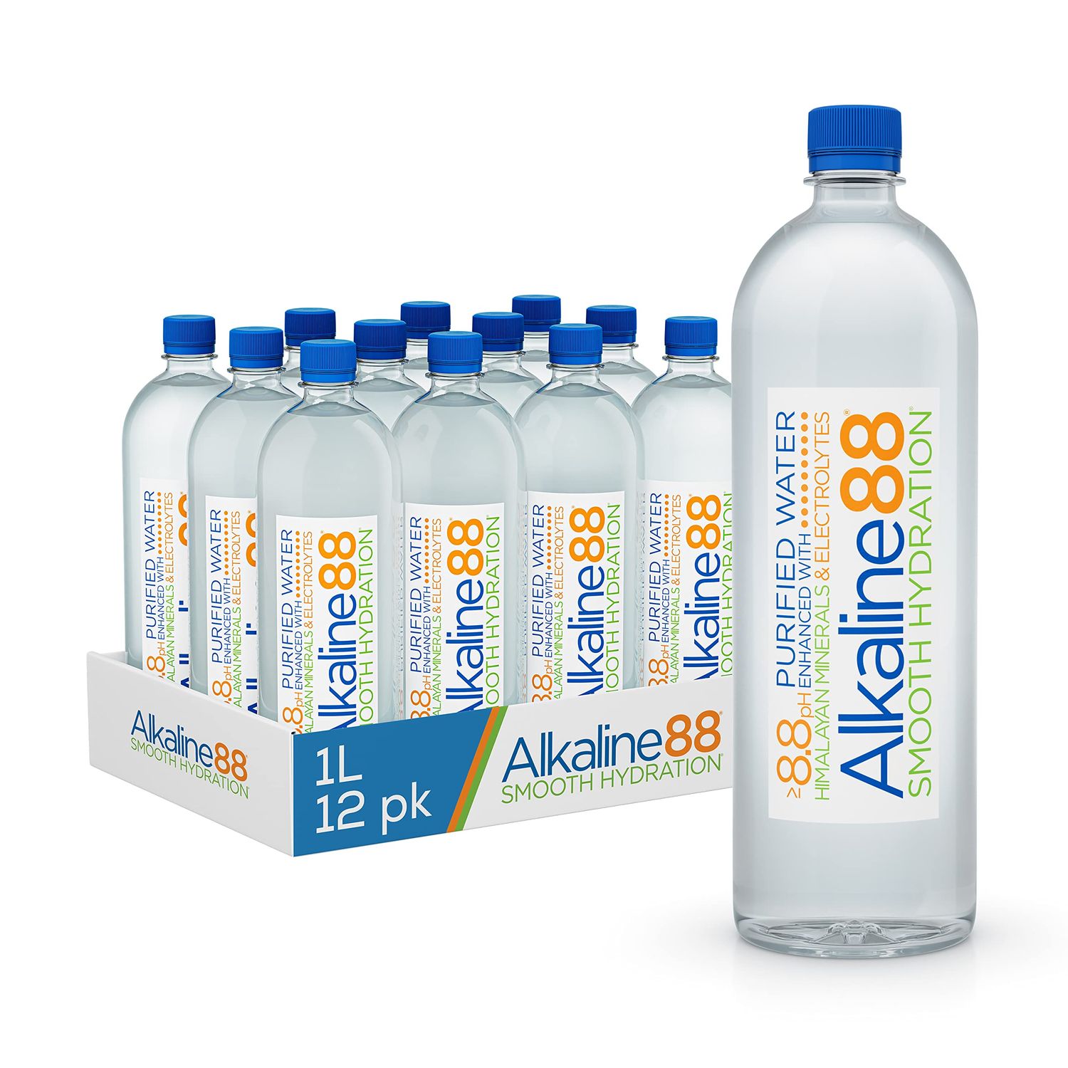 Alkaline88 Purified Ionized Water with Himalayan Minerals &amp; Electrolytes for smooth taste; (12 pack) 1-Liter bottled water; Perfectly balanced for your body with 8.8ph;100% Recyclable.