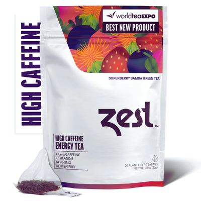Zest 135mg High Caffeine Energy Leaf Blend - Superberry Samba Green Tea - 20 Pack Bag - Hot or Iced - All Natural Strong Flavored Healthy Coffee Highly Caffeinated Substitute - Perfect for Keto Diet