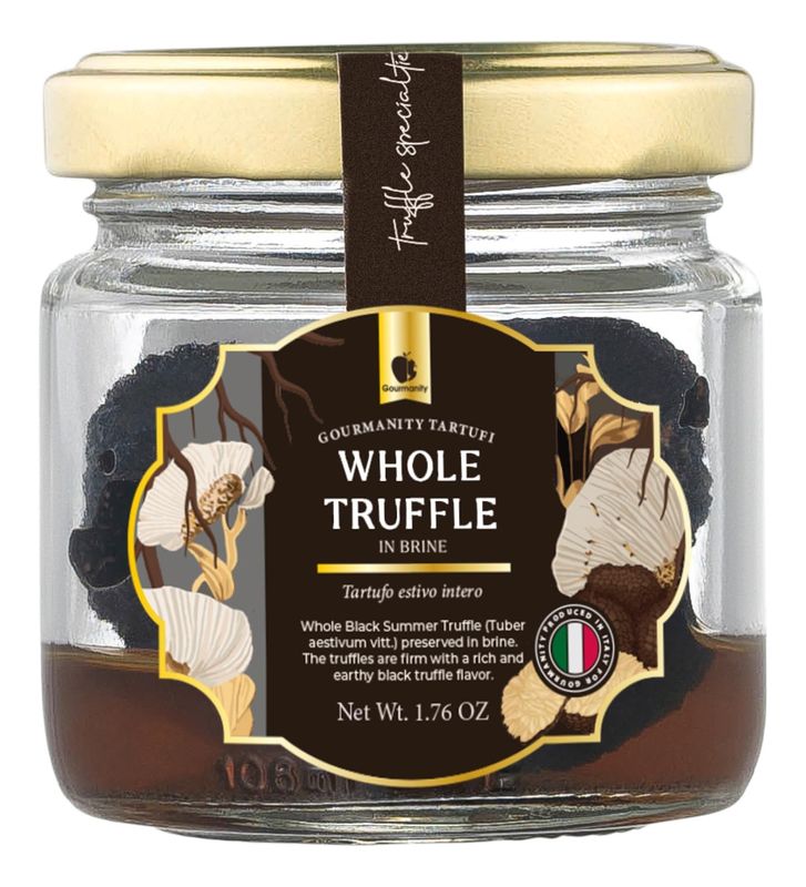 Gourmanity Tartufi Whole Black Truffles in Brine, Preserved Black Summer Truffles (Tuber aestivum Vitt.) from Italy [1.76oz Jar]