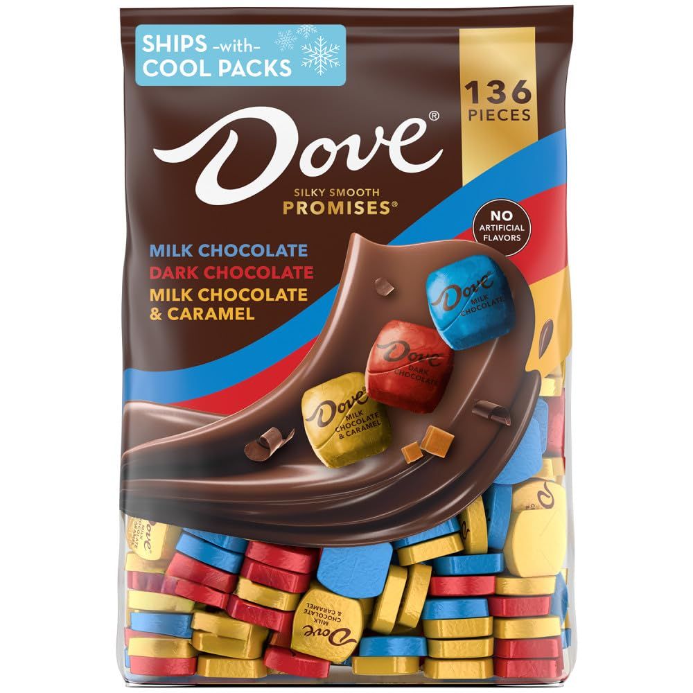 DOVE PROMISES Milk Chocolate, Dark Chocolate and Milk Chocolate &amp; Caramel Assorted Chocolate Candy, 136 Ct Bulk Bag