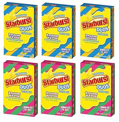 Starburst Duos Singles to Go Drink Mix Variety Pack, 3 boxes of Strawberry Watermelon and 3 Boxes of Blue Raspberry Lemon, Pack of 6