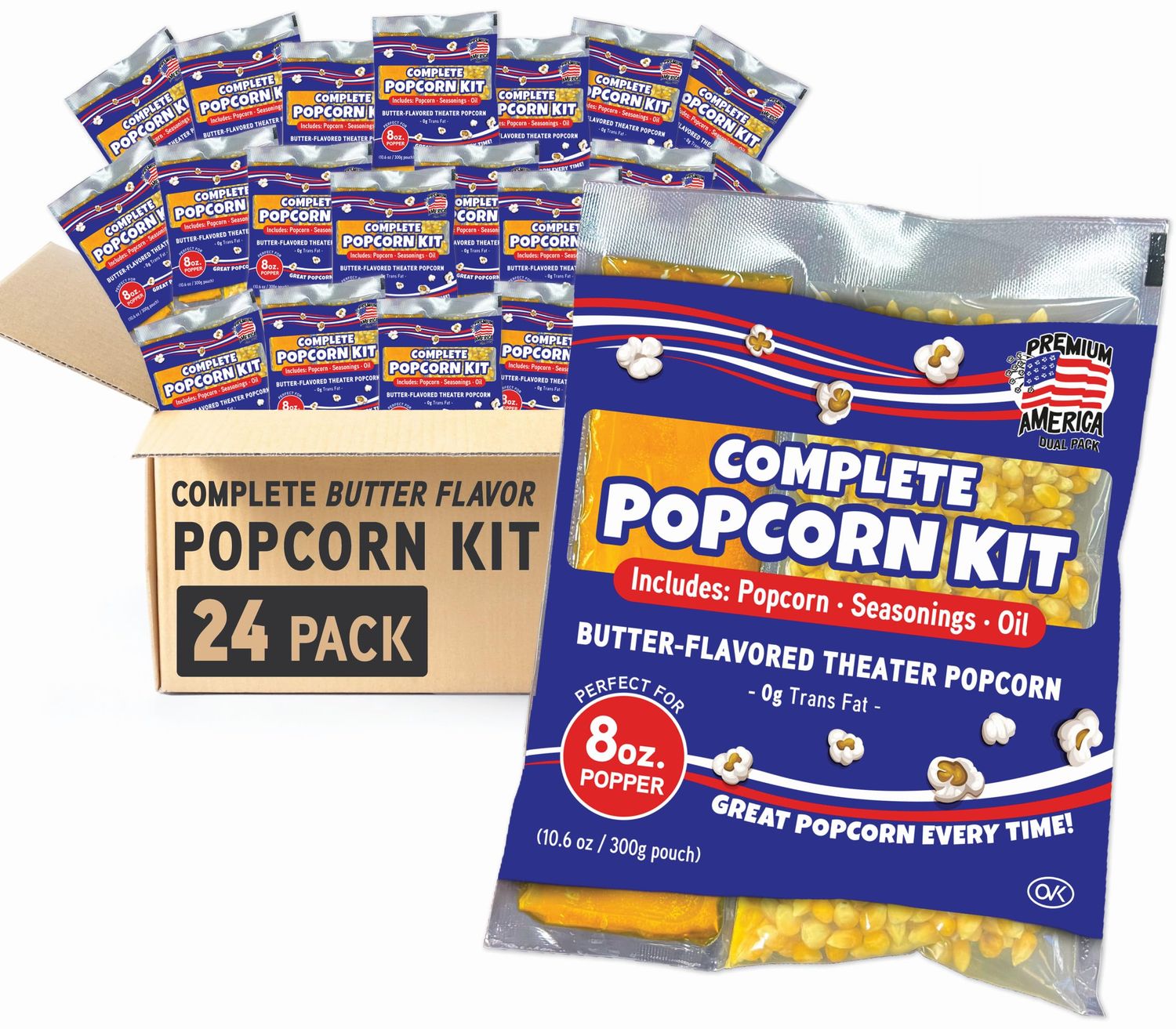 Premium America Popcorn Kit, 24 Packs for a 8 oz Popper, Movie Theater Popcorn Kernels, Oil &amp; Seasoning Pack, Bulk All in One, Popcorn Gifts