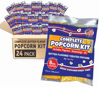 Premium America Popcorn Kit, 24 Packs for a 8 oz Popper, Movie Theater Popcorn Kernels, Oil &amp; Seasoning Pack, Bulk All in One, Popcorn Gifts