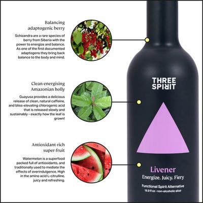 Three Spirit Non-Alcoholic Alternative Spirit- The Livener, 50cl | Energizing with Natural Caffeine, ADAPTOGENS &amp; Watermelon &amp; Ginger | Multi-Award Winning Active botanical, Gluten Free &amp; Vegan Drinks