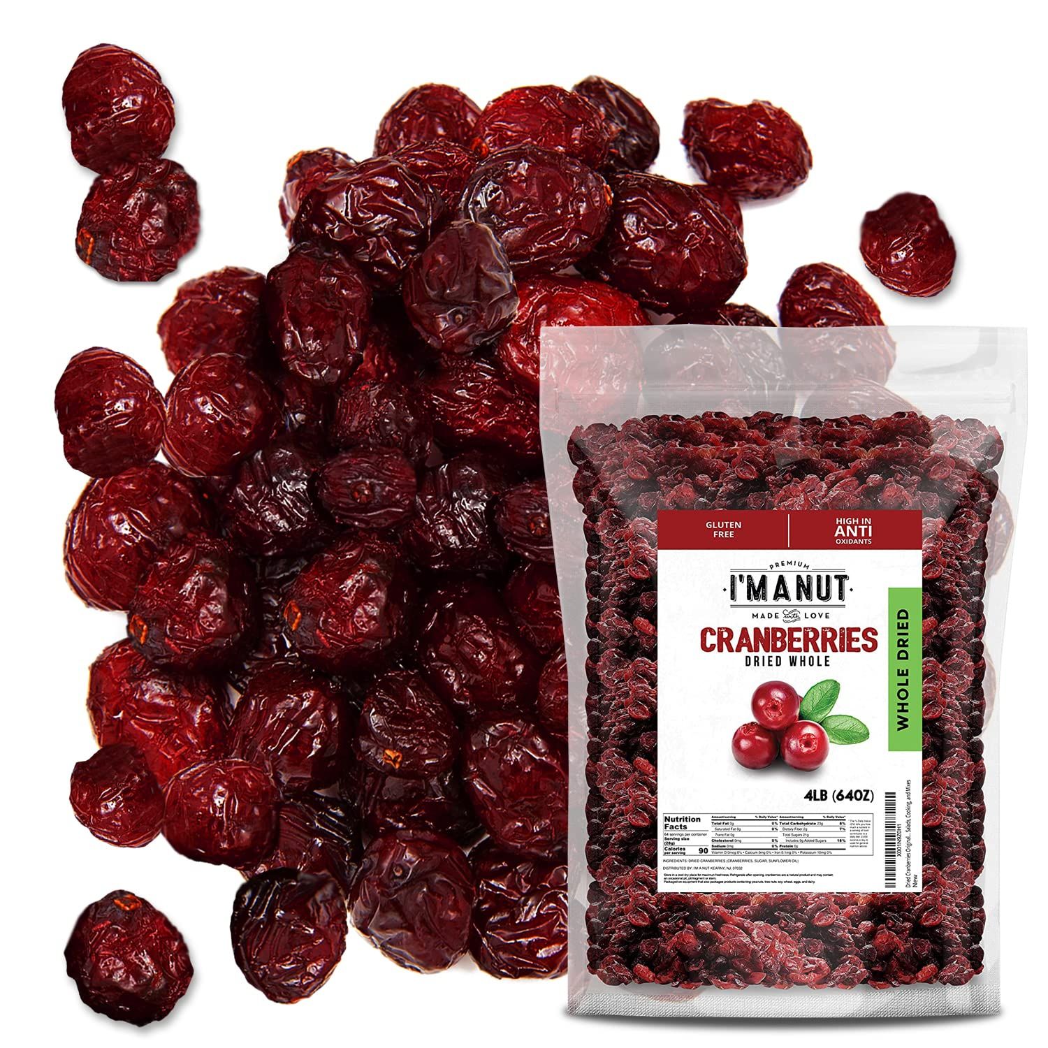 Dried Cranberries Original 4 lbs,(64oz) Batch Tested Gluten &amp; Peanut Free | Resealable Bag | High in Antioxidant | Great for Salads Cooking, and Mixes/Sweetened