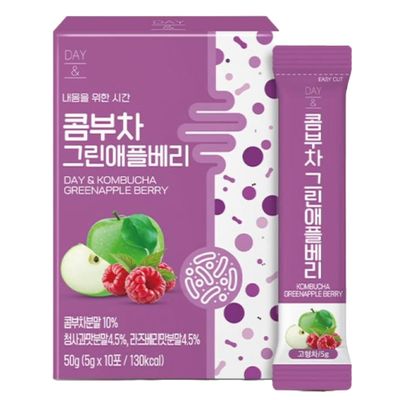 Kombucha Powder Tea Pack Korean Healthy Beverage Juice - Korean Tea Drink Zero Sugar, Sparkling Fermented, Probiotics &amp; Prebiotics 10 sticks (Green Apple Berry)