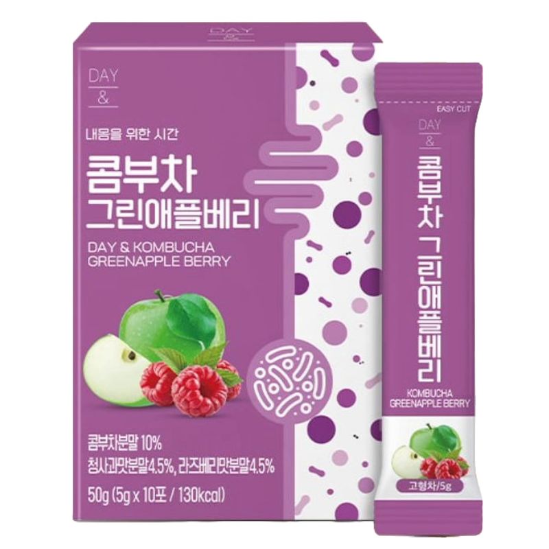 Kombucha Powder Tea Pack Korean Healthy Beverage Juice - Korean Tea Drink Zero Sugar, Sparkling Fermented, Probiotics &amp; Prebiotics 10 sticks (Green Apple Berry)