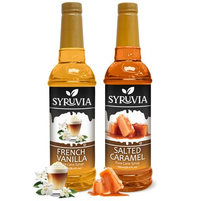 Syruvia Coffee Syrup Variety Pack - French Vanilla &amp; Salted Caramel- Gluten-Free, Kosher, 25.4 fl oz Bottles - Enhance Your Coffee Experience with Premium Flavoring Syrups