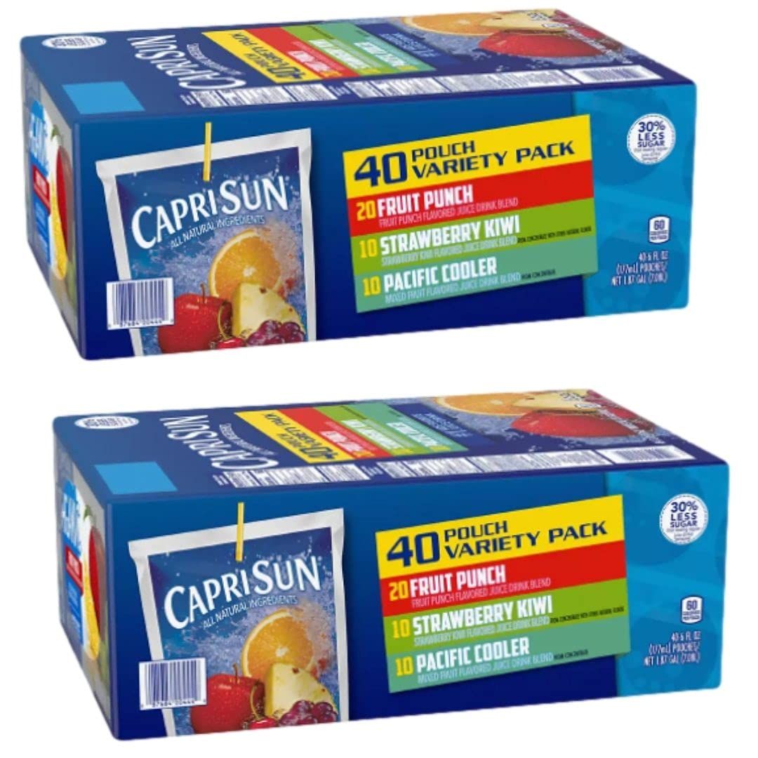 Gourmet Kitchn Capri Sun | Fruit Punch, Strawberry Kiwi &amp; Pacific Cooler Variety Pack 2 Boxes of 40 Pouches, 80 Total Naturally Flavored Juice Drink Blend and Ready Set Donate a Meal Program,