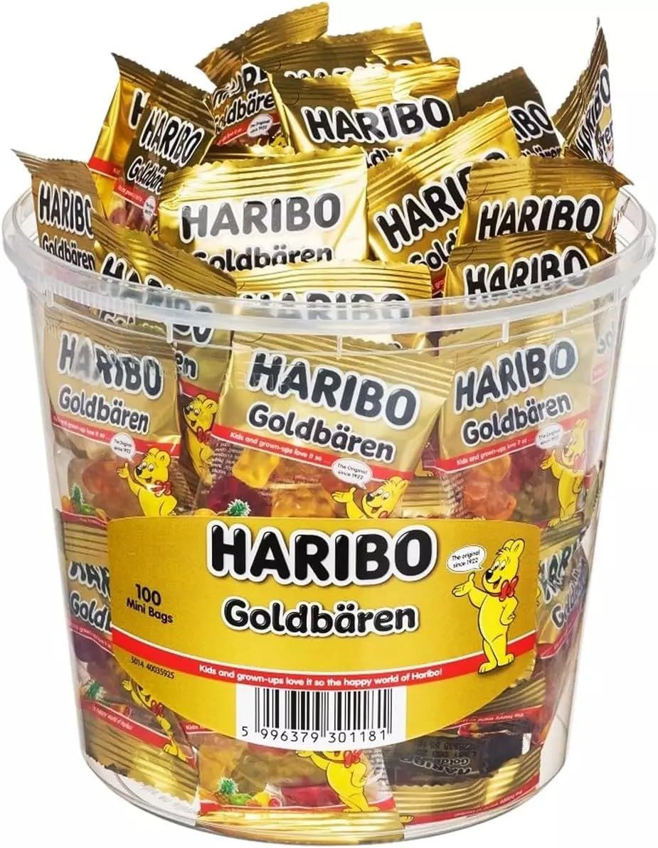 Bulk Pack Haribo Goldbears Gummy Bears - 100 Mini Bags Individually Wrapped Gummy Candy for Pinata Fillers, School Snacks, Office Treats, and Party Bags - Variety Flavors 10g Packs