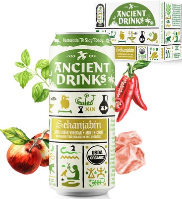 ANCIENT DRINKS Apple Cider Vinegar Beverage with Electrolytes, Vitamins, &amp; Probiotics, Organic, Super-Hydrating Sports Drink - Sekanjabin (Mint &amp; Chili) - 16 fl oz (12 cans)