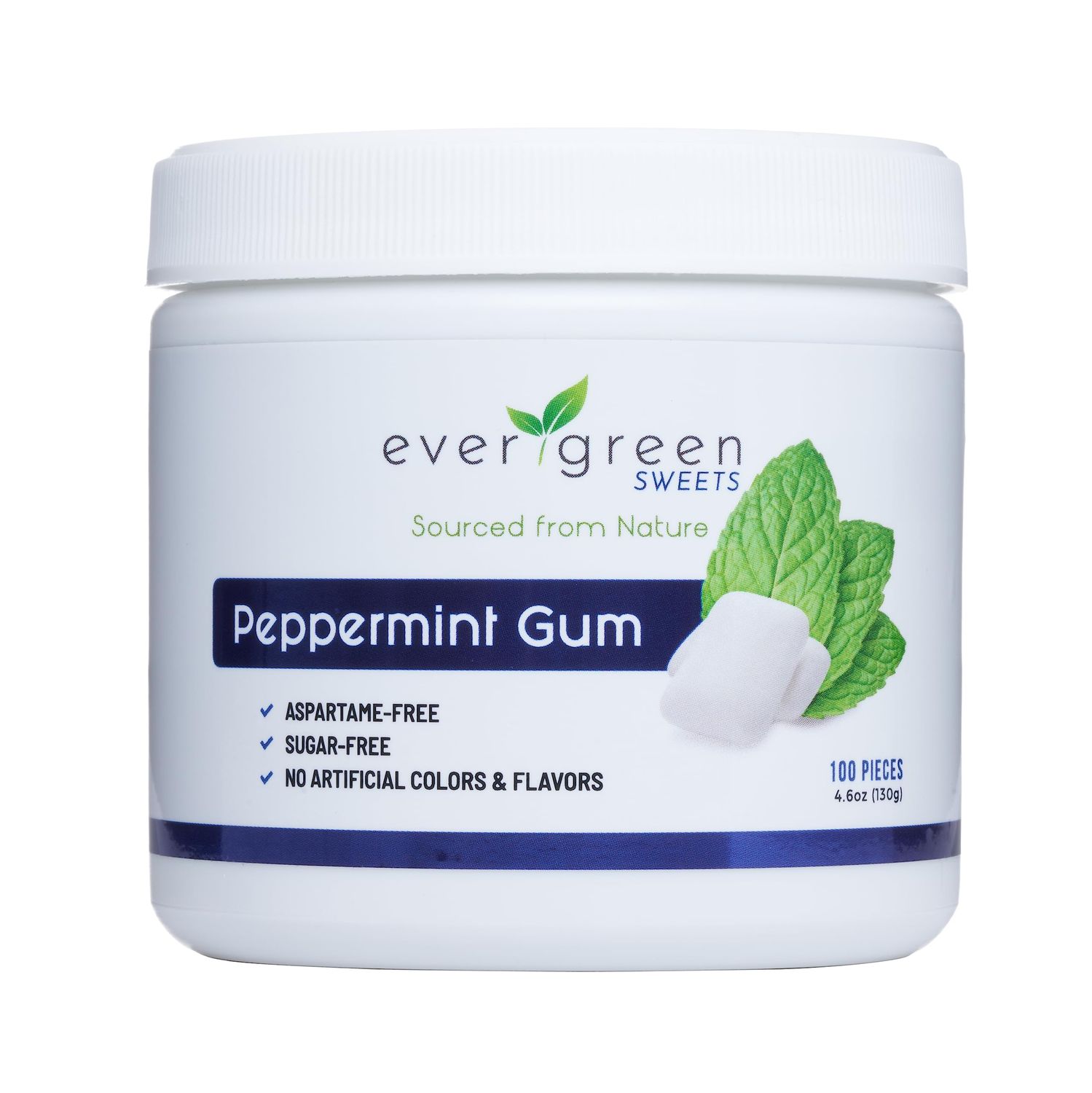 Evergreen Sweets Chewing gum 100 Count Jar - Natural Peppermint Gum Made with Xylitol and Stevia - Sugar-Free, Aspartame Free and Vegan