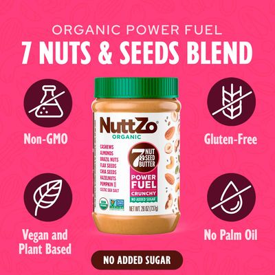Organic Power Fuel Crunchy Nut Butter by NuttZo | 7 Nuts &amp; Seeds Blend, Paleo, Non-GMO, Gluten-Free, Vegan, Kosher | 1g Sugar, 6g Protein | 26oz Jar