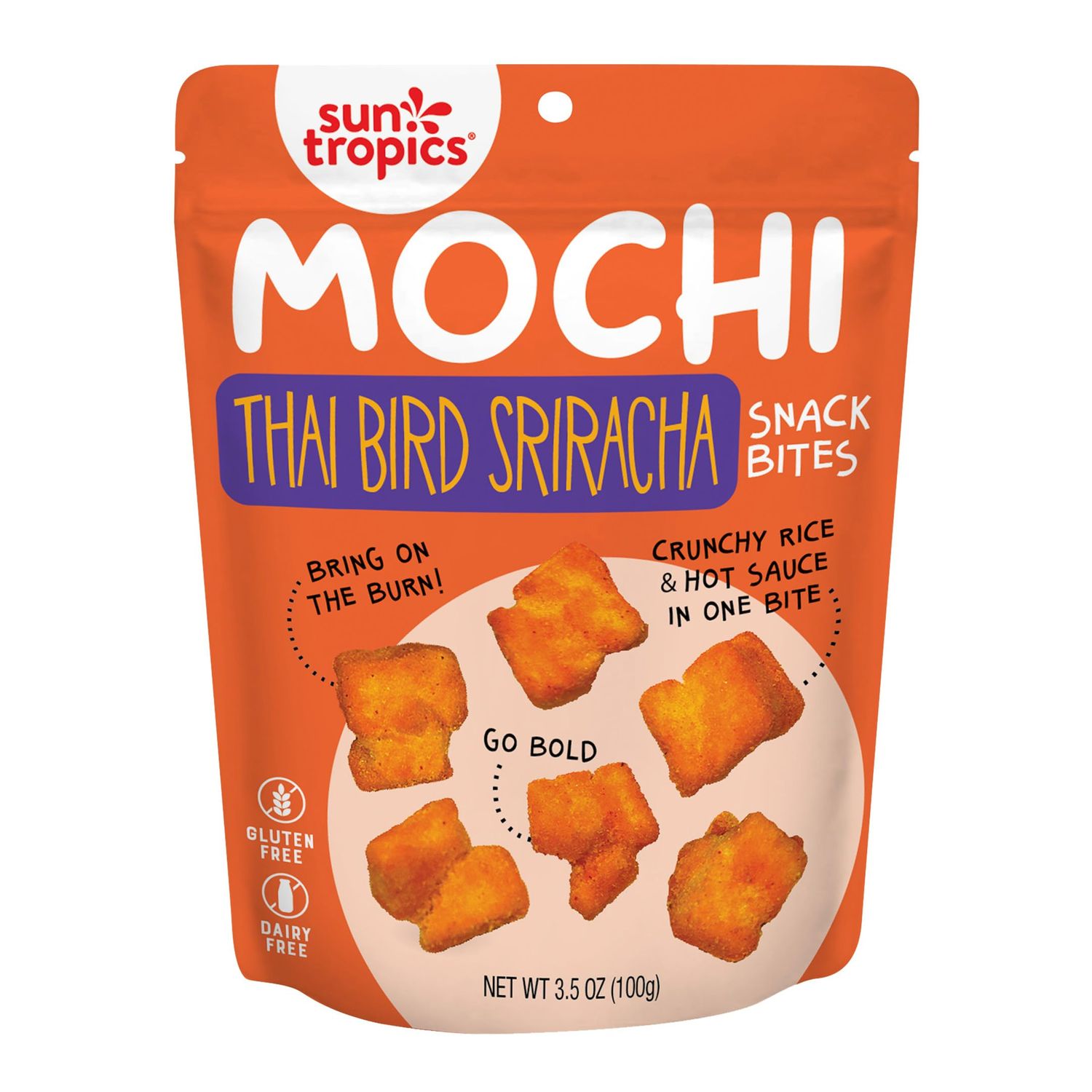 Sun Tropics Mochi Snack Bites, Thai Bird Sriracha Flavor- 3.5 oz (6 Pack)| Crispy Spicy Mochi Bites, Rice Nuggets | Mochi Puff Rice Crackers- Gluten Free &amp; Dairy Free- No MSG Added | Asian Rice Snacks