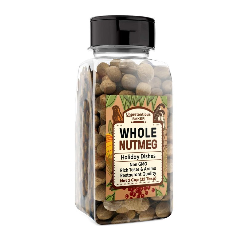 Unpretentious Whole Nutmeg (2 Cup) Reusable Plastic Spice Container, Ideal for Eggnog &amp; Holiday Dishes, Baked Goods, Sweet &amp; Savory Dishes