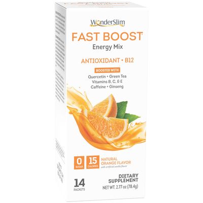 WonderSlim FAST BOOST Energy &amp; Hydration Drink Mix, Orange, with Electrolytes, Vitamins B, C &amp; E, Antioxidants, No Sugar (14ct)