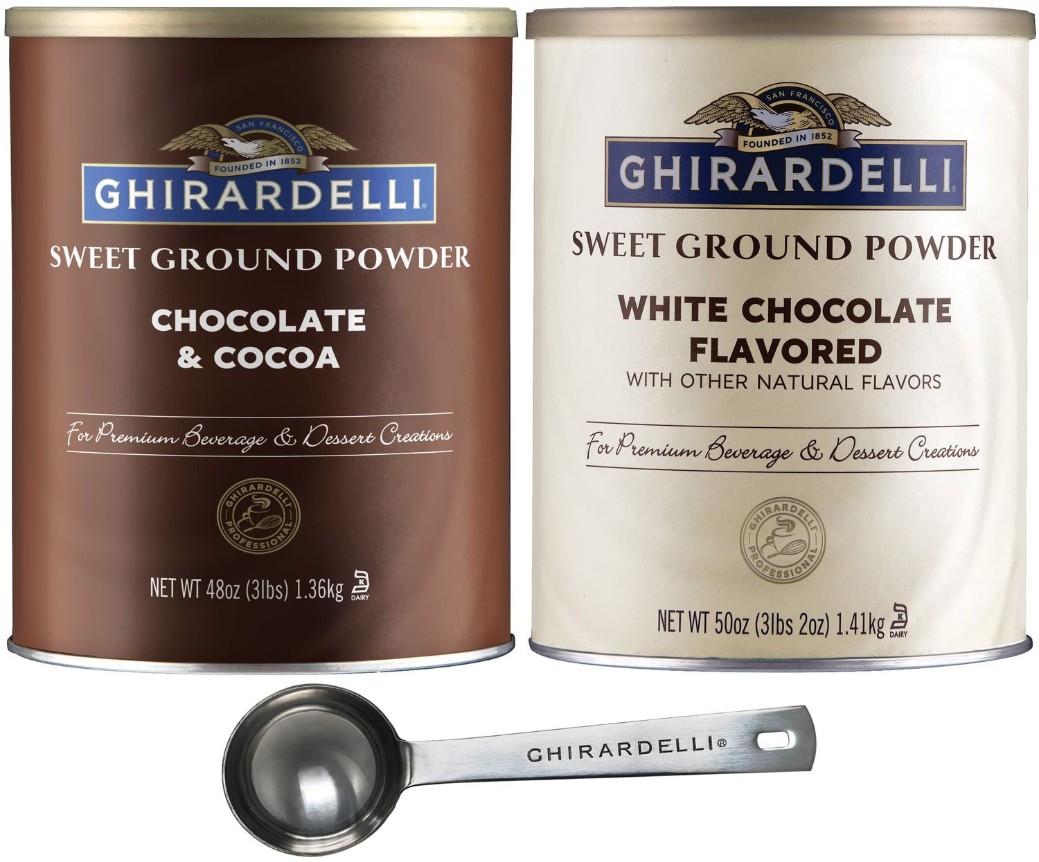 Ghirardelli - Sweet Ground Chocolate &amp; Cocoa Gourmet Powder 3 lbs &amp; Sweet Ground White Chocolate Gourmet Flavored Powder 3.12 lb with Ghirardelli Stamped Barista Spoon
