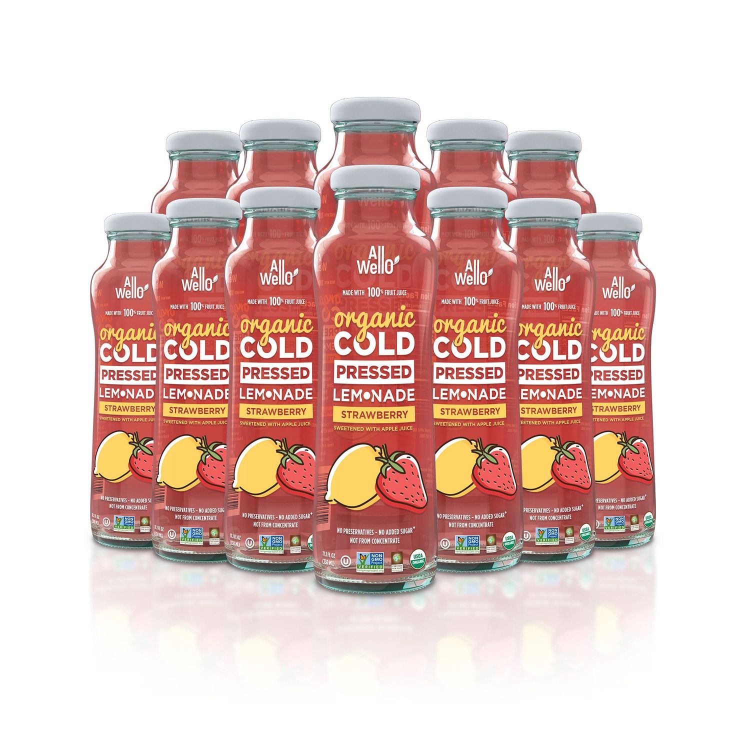 ALLWELLO Organic Cold Pressed Lemonade Gluten Free Non-GMO No Preservatives No Sugar Added (Strawberry Lemonade 12 Pack)