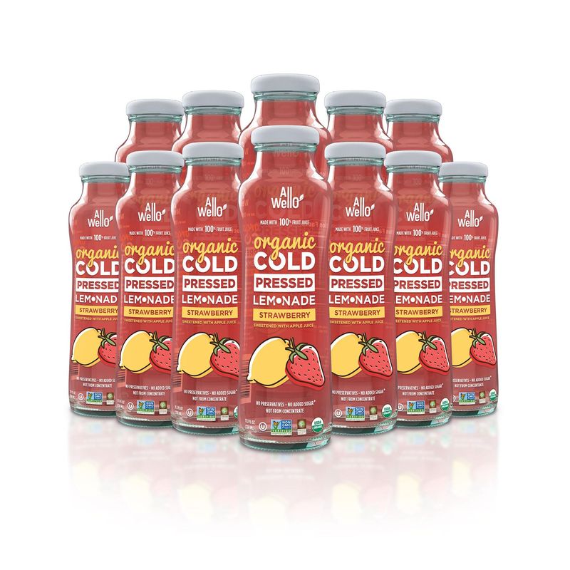 ALLWELLO Organic Cold Pressed Lemonade Gluten Free Non-GMO No Preservatives No Sugar Added (Strawberry Lemonade 12 Pack)