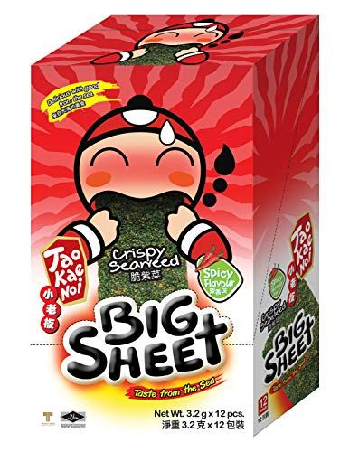 Big Crispy Seaweed Snack Sheets by Tao Kae Noi | Spicy Thai Seaweed Chip | Healthy Nori Snacks for Kids and Adults | Low Calorie Seaweed Sheets | 12 Individually Wrapped Sheets per Box, 3.2g each