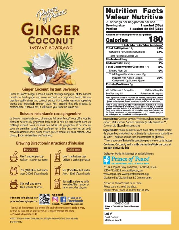 Prince of Peace Ginger Coconut Instant Beverage 22 Sachets  Instant Hot or Cold Beverage that Soothes Throat  Easy to Brew  Caffeine and Gluten Free  Real Coconut and Fresh Ginger  Rich and Creamy 2