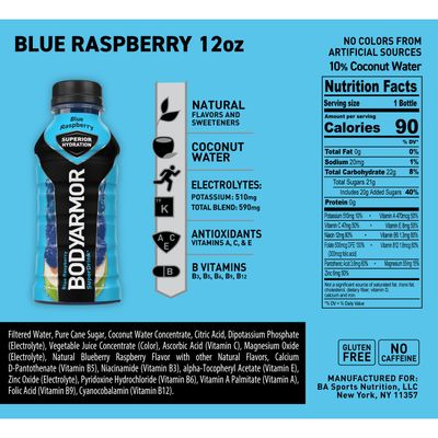 BODYARMOR Sports Drink Sports Beverage, Blue Raspberry, Natural Flavors With Vitamins, Potassium-Packed Electrolytes, No Preservatives, Perfect For Athletes, 12 ounce (Pack of 8)