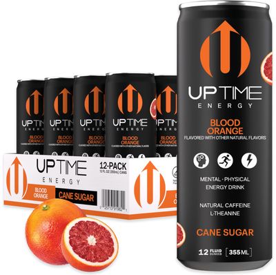 UPTIME Energy Drink, Blood Orange Cane Sugar, 12 Pack, Vitamin C, L Theanine, Calcium, Energy Drinks for Focus Support, 142mg of Natural Caffeine per Serving, Clean, Natural, Non GMO, 12 fl oz Cans