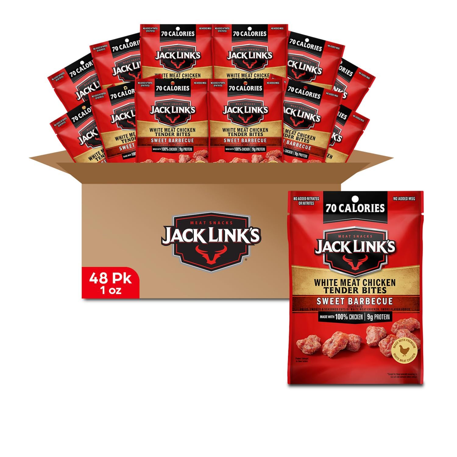 Jack Link&#39;s Chicken Tender Bites, Sweet BBQ, Bulk Pack - Flavorful Meat Snack for School, 9g Protein and 70 Calories, Made with 100% Chicken, 1oz (Pack of 48)