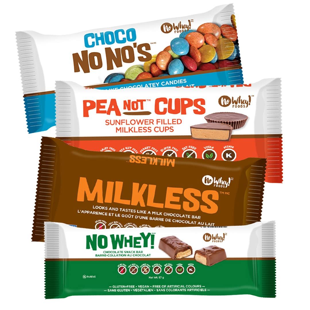 Vegan/Allergy Friendly Chocolate Candy Four Pack Sampler (Milkless bar, Choco No No&#39;s, Peanot Cups, No Whey Bar) | Dairy Free, Nut Free, Soy Free, Gluten Free | No Whey Foods