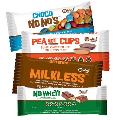 Vegan/Allergy Friendly Chocolate Candy Four Pack Sampler (Milkless bar, Choco No No&#39;s, Peanot Cups, No Whey Bar) | Dairy Free, Nut Free, Soy Free, Gluten Free | No Whey Foods