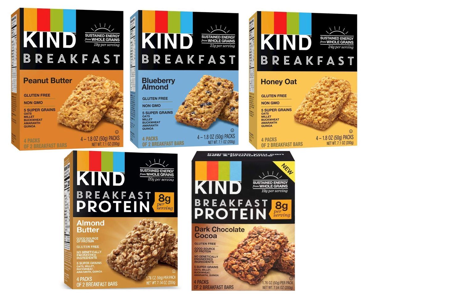 Kind, Breakfast Bars, Variety 5 Box (8ct ea): Dark Chocolate Cocoa, Honey Oat, Peanut Butter, Almond Butter, Peanut Butter Banana Maple Cinnamon, Blueberry Almond