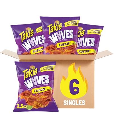 Takis Fuego Waves 6 pc / 2.5 oz Snack Size Multipack, Hot Chili Pepper &amp; Lime Flavored Extreme Spicy Wavy Potato Chips