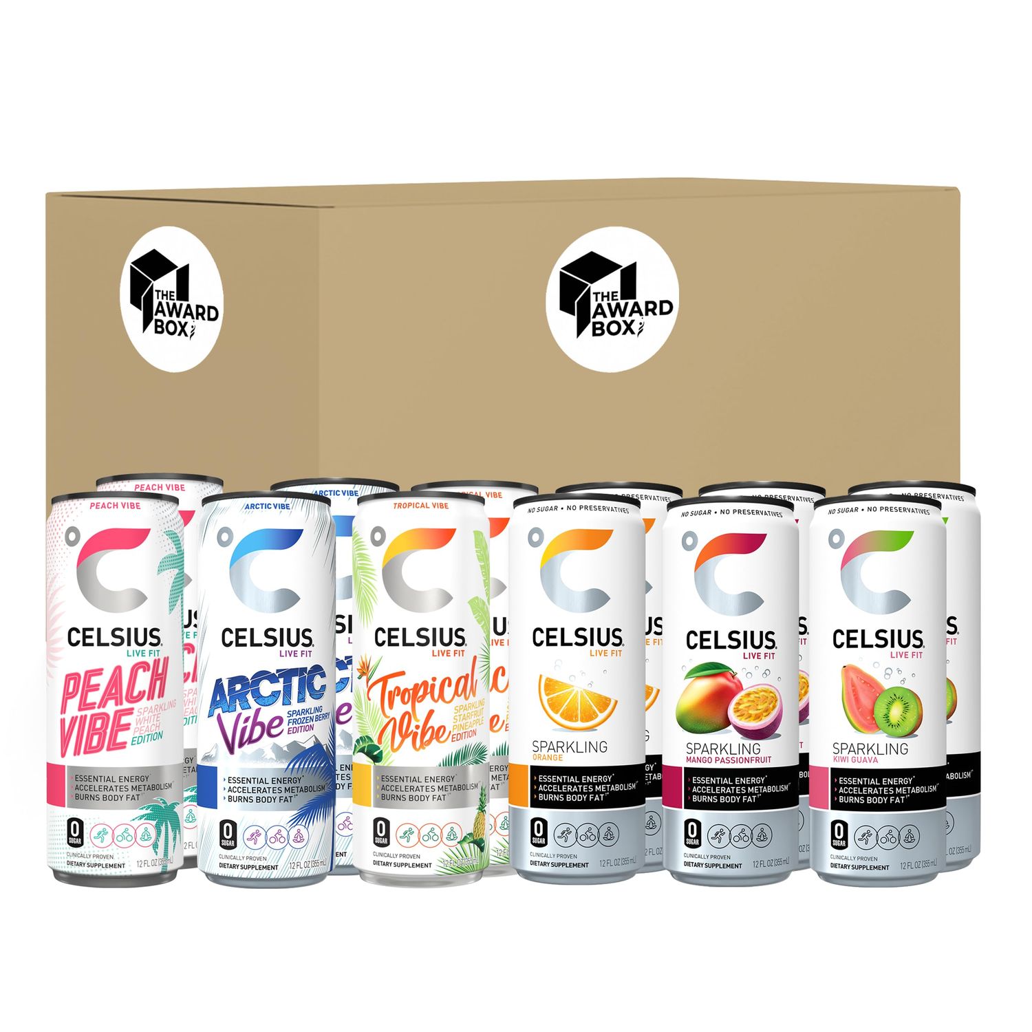 Celsis Sparkling Essential Energy Drink No Sugar or Preservatives 12 fl oz, Slim Cans Assorted Variety 12 Pack, in The Award Box Packaging Combo Box