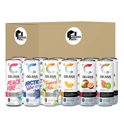 Celsis Sparkling Essential Energy Drink No Sugar or Preservatives 12 fl oz, Slim Cans Assorted Variety 12 Pack, in The Award Box Packaging Combo Box