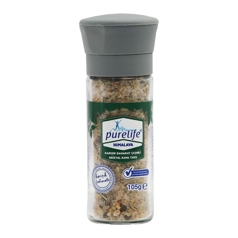 Purelife Himalayan Salt with Mixed Herbs &amp; Spices- Gourmet Kosher Natural Crystal Rock Salt and Spice Blend with Minerals in Glass Bottle with Ceramic Mill - All Purpose Seasoning 3.70oz