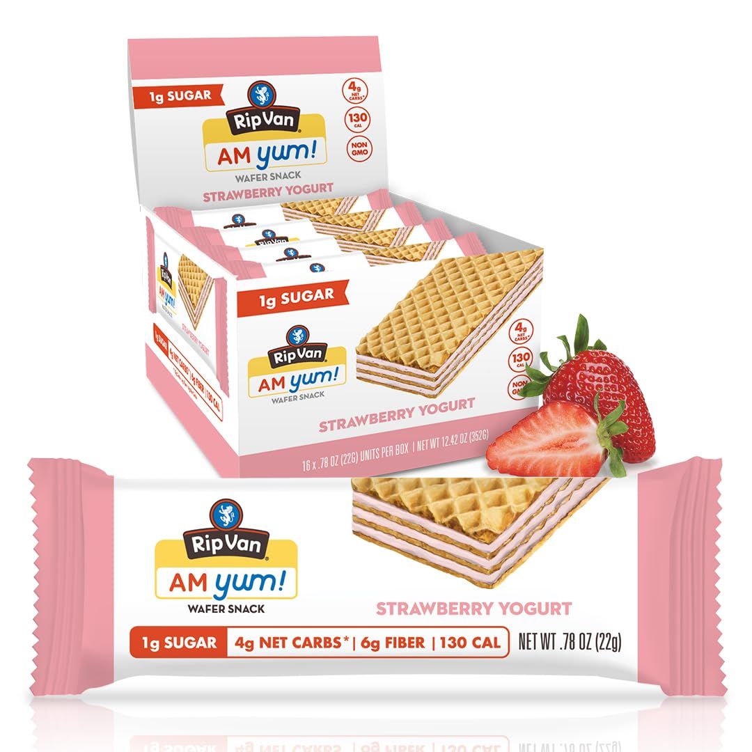 Rip Van AM YUM Strawberry Yogurt - Keto - Non-GMO - Healthy Snacks - Low Carb &amp; Low Sugar (1g) - Low Calorie - 16 Count