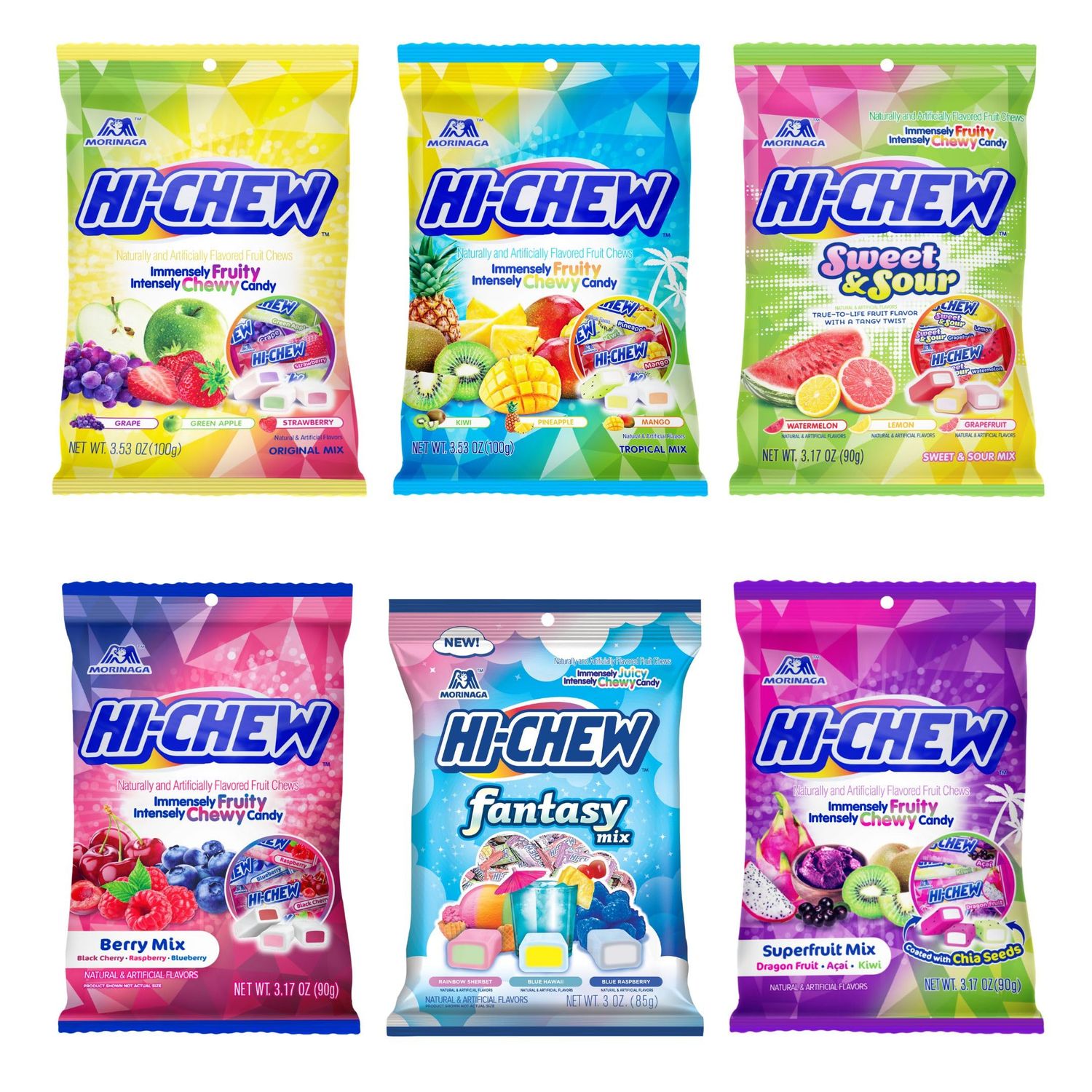 HI-CHEW Variety Mix, Pack of 6 Bags - 17 Flavor Assort - Unique Fun Soft &amp; Chewy Taffy Candy - Immensely Juicy Fruit Flavors - Individually Wrapped for Sharing