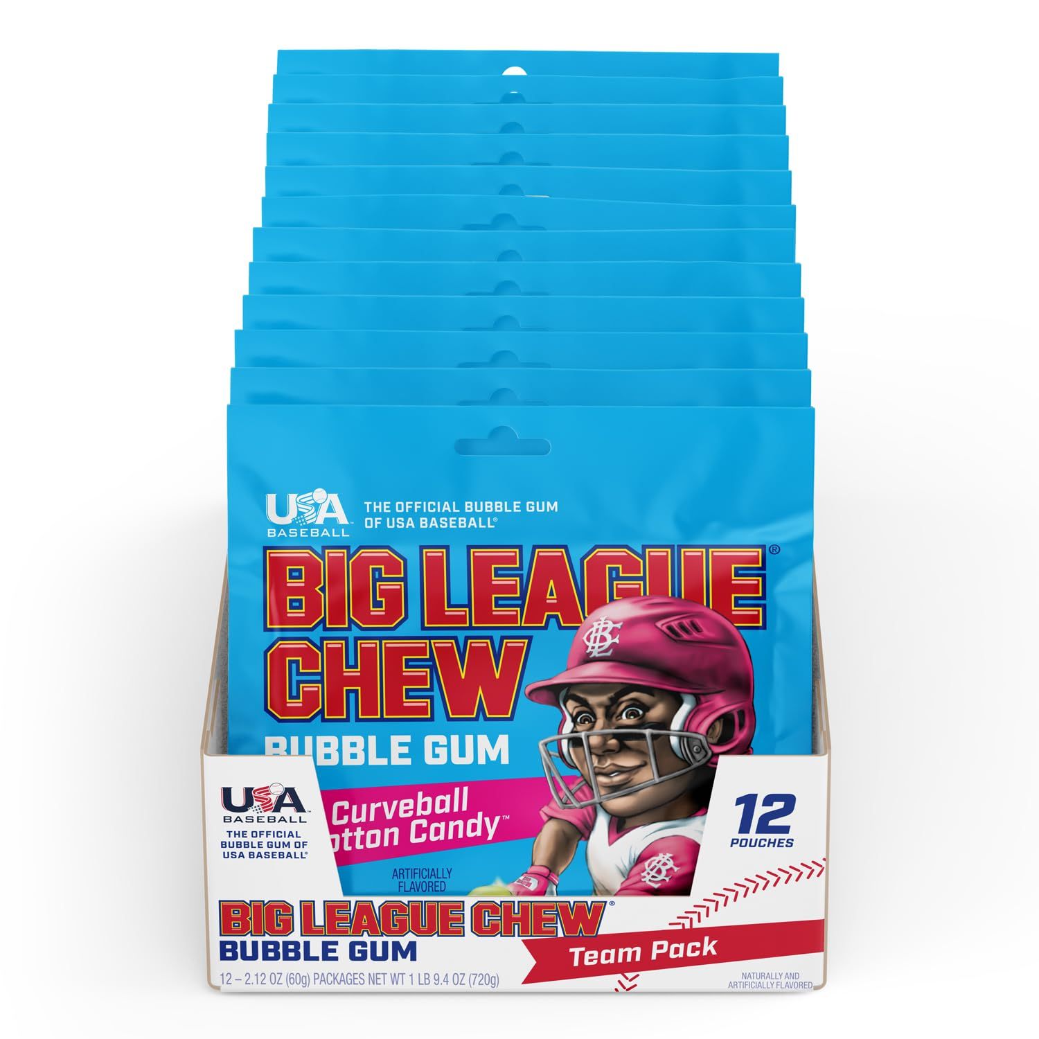 Big League Chew Curveball Cotton Candy Bubble Gum - Tasty Cotton Candy Delight | Ideal for Baseball Games, Teams, Concessions, Parties, and More | Pack of 12 Bags (2.12oz Each)