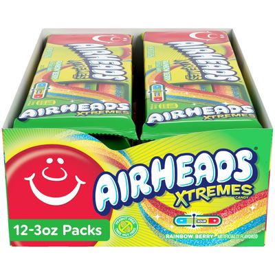 Airheads Xtremes Belts Sweetly Sour Candy, Rainbow Berry Flavor, Holiday Christmas Stocking Stuffers for Adults &amp; Kids, Movie Theater, Party, Non-Melting, 3 oz (Bulk Pack of 12)