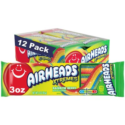 Airheads Xtremes Belts Sweetly Sour Candy, Rainbow Berry Flavor, Holiday Christmas Stocking Stuffers for Adults &amp; Kids, Movie Theater, Party, Non-Melting, 3 oz (Bulk Pack of 12)