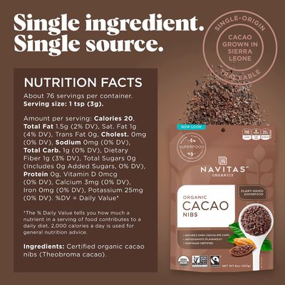 Navitas Organics Cacao Nibs, 8 oz. Bag, 76 Servings - Organic, Non-GMO, Fair Trade, Gluten-Free