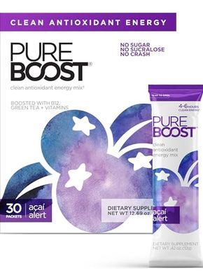 Pureboost Clean Energy Booster, Refreshing Energy Drink Mix with B12 Vitamins, Electrolytes, Antioxidants, Sugar-Free Energy with No Sucralose (Acai Alert, 30 Count)