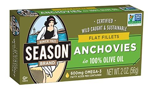 Season Anchovies in Olive Oil - Flat Anchovy Fillets, Wild Caught Fish, Keto Snacks, Canned Anchovies, Rich in B Vitamins, Low in Mercury, Kosher, Non-GMO, 600mg of Omega-3-2 Ounce, 12-Pack