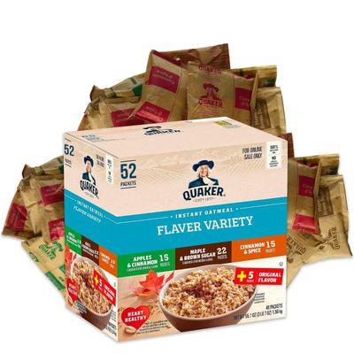 Quaker Instant Oatmeal, Lower Sugar, Flavors 22 Maple &amp; Brown Sugar- 15 Apples &amp; Cinnamon - and 15 Cinnamon &amp; Spice Variety Pack, Individual Packets, 52 Count Nutritious Breakfast Choice for All Ages.